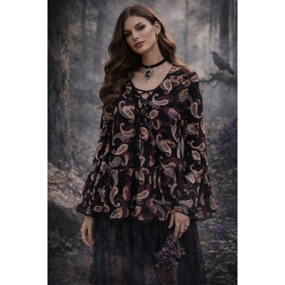 White House Black Market Paisley Lace Up Bell Sleeve Peplum Blouse Black Medium